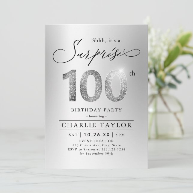 Invitation Argent moderne adulte surprise 100e anniversaire (Debout devant)