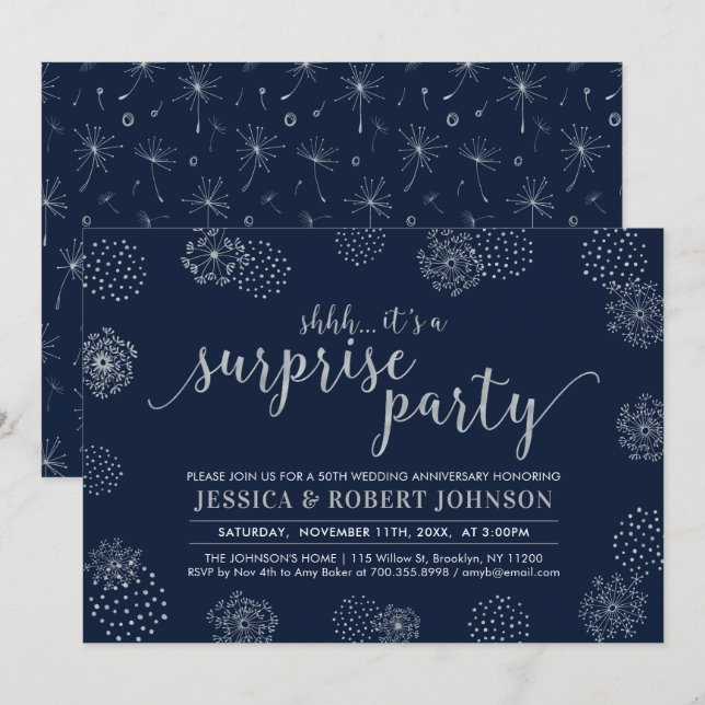 Invitation Argent | Moderne Surprise 25e anniversaire de mari (Devant / Derrière)