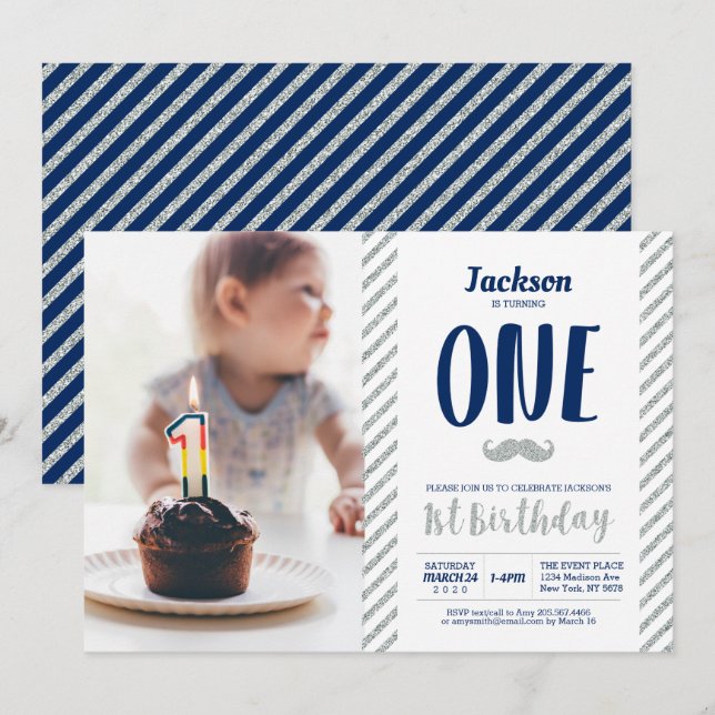 Invitation Argent, Moustache | Boy 1st Birthday Photo (Devant / Derrière)