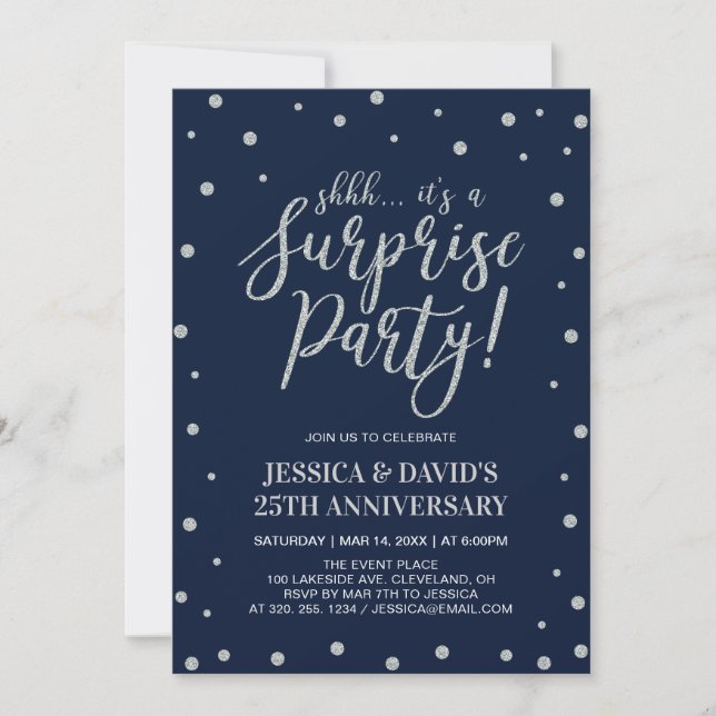 Invitation Argent & Navy, 25e anniversaire de mariage surpris (Devant)