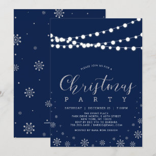 Invitation Argent & Navy Fête de Noël aux flocons de neige