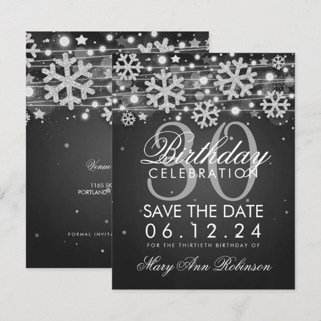 Invitation Argent Noir 30e Anniversaire Date de sauvegarde Hi (Devant / Derrière)