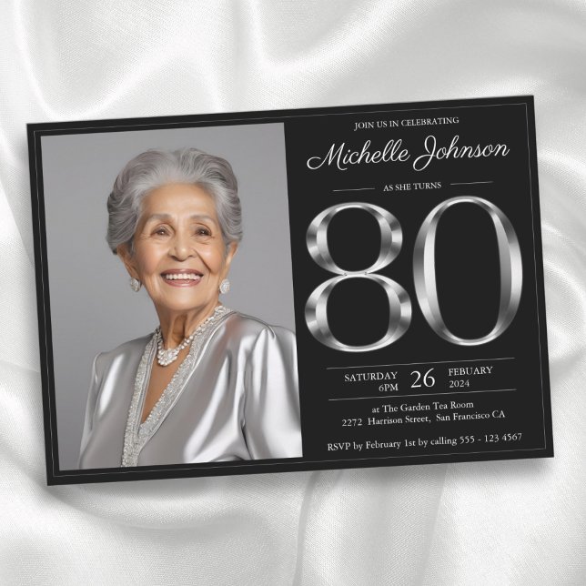 Invitation Argent noir 80e anniversaire (Black Silver 80th Birthday Invitation)
