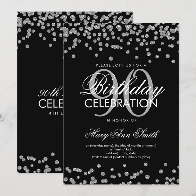 Invitation Argent Noir 90e anniversaire Parties scintillant C (Devant / Derrière)