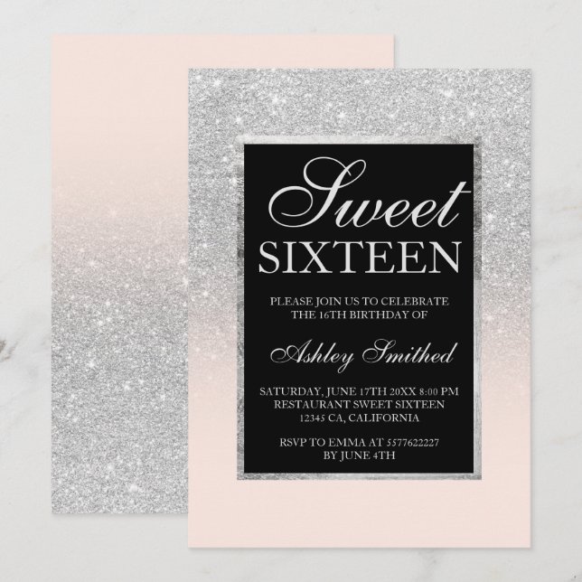 Invitation argent noir parties scintillant rose élégant chic  (Devant / Derrière)