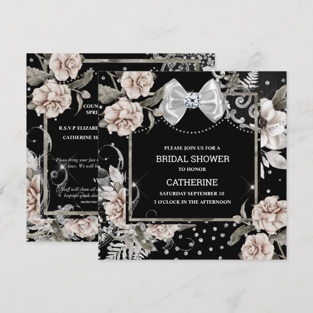 Invitation Argent noir shabby chic rose paris chic bow (Devant / Derrière)