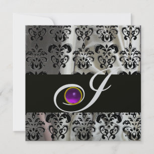 INVITATION ARGENT NOIR SILK DAMASK MONOGRAM PURPLE AMÉTHYST