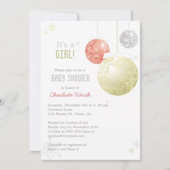 Invitation Argent Or Rouge Noël Baby Girl Douche (Devant)