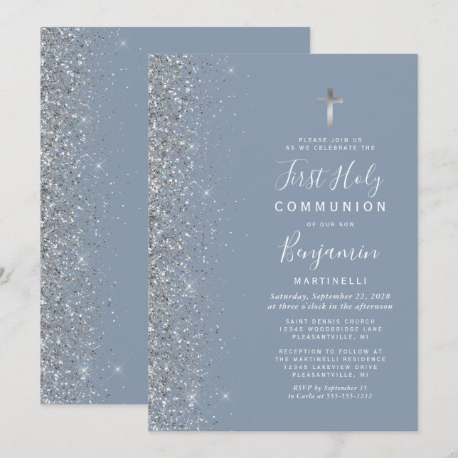 Invitation Argent Parties scintillant Edge Dusty Blue First C (Devant / Derrière)