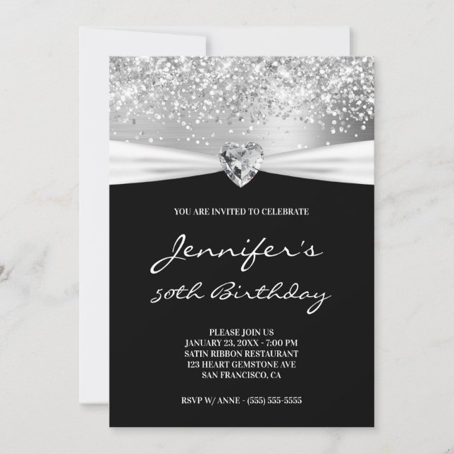 Invitation Argent Parties scintillant Foil Coeur Gem 50e anni (Devant)