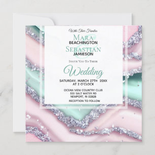 Invitation *~* Argent QR MINT PINK AGATE AR66 Mariage RSVP