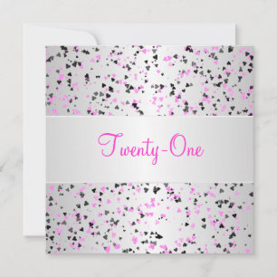 Invitation Argent rose Blanc Noir Coeurs d'amour 21e annivers