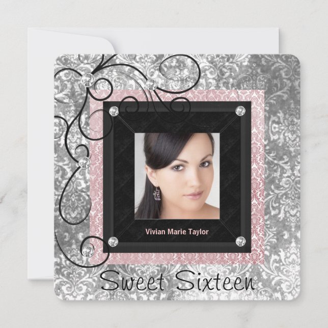 Invitation Argent rose et noir Damas doux 16 (Devant)