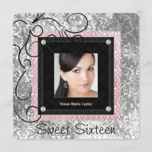 Invitation Argent rose et noir Damas doux 16