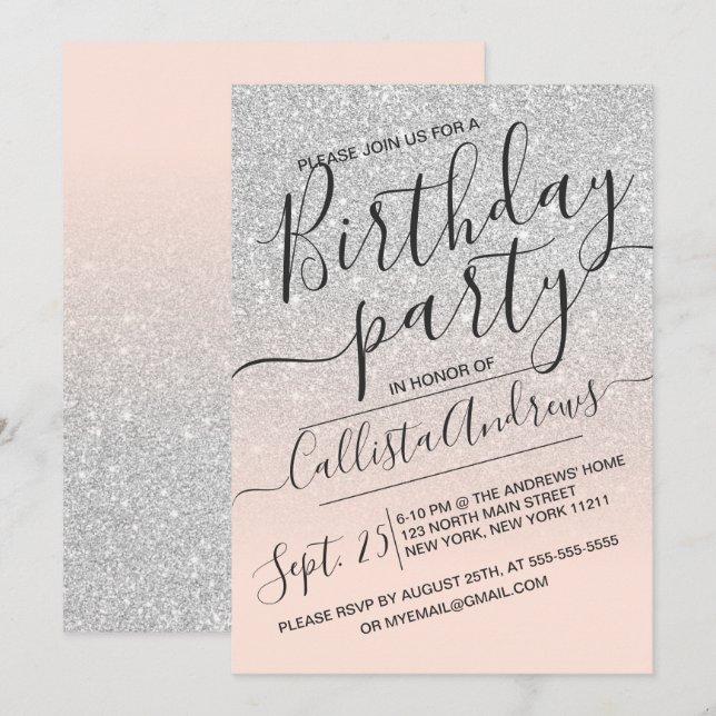 Invitation Argent rose Faux Parties scintillant étincelante O (Devant / Derrière)