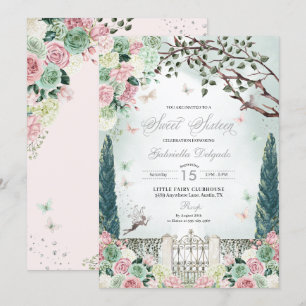 Invitation Argent rose Fée Enchantée Jardin Sweet 16