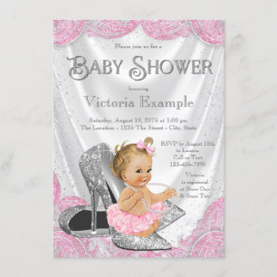 Invitation Argent rose haute talon Chaussure bébé Douche Invi