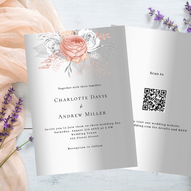 Invitation Argent rose or floral code QR mariage RSVP (Créateur téléchargé)