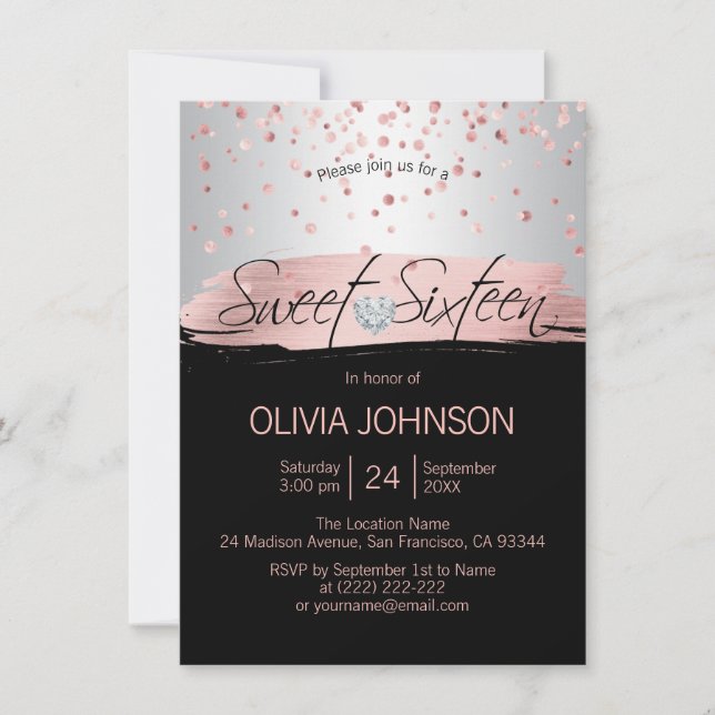 Invitation Argent Rose Rose Or huile SWEET SIXTEEN noir 16 (Devant)