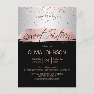Invitation Argent Rose Rose Or huile SWEET SIXTEEN noir 16