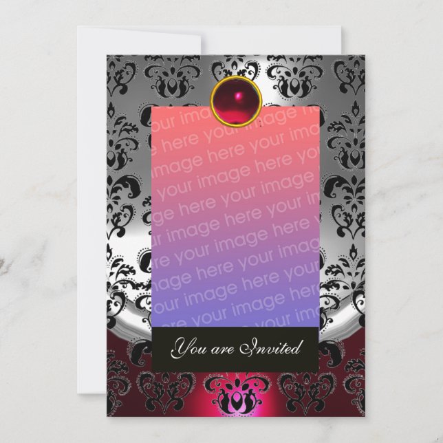INVITATION ARGENT ROUGE, MODÈLE PHOTO BLACK DAMASK MONOGRAM (Devant)