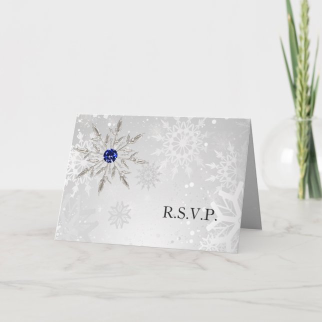 Invitation argent royal bleu neige flocons de mariage d'hiver (Devant)
