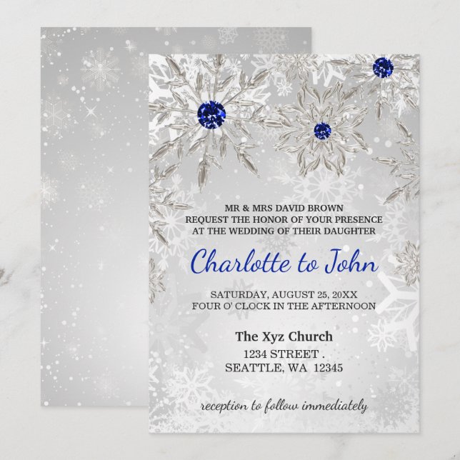 Invitation argent royal bleu snowflakes mariage d'hiver (Devant / Derrière)