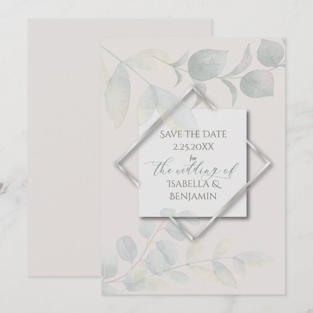 Invitation Argent Sage Eucalyptus Enregistrer la date 2 (Devant / Derrière)