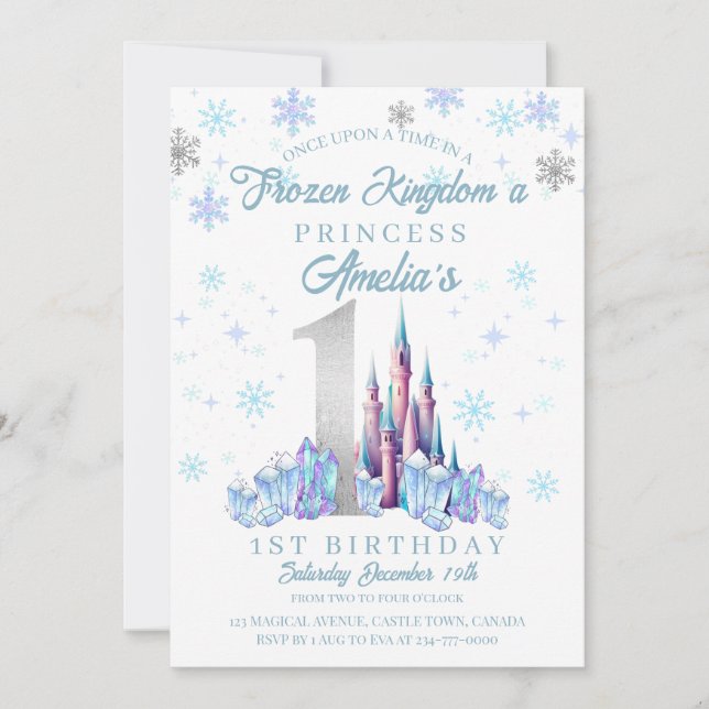 Invitation Argent Sparkle Royaume gelé Château 1er Anniversai (Devant)