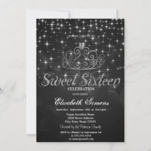 Invitation Argent Tiara Stars Princesse Black Sweet 16