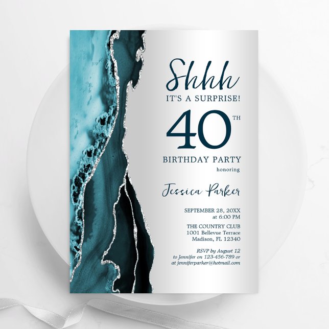 Invitation Argent Turquoise Agate Surprise 40e anniversaire (Créateur téléchargé)