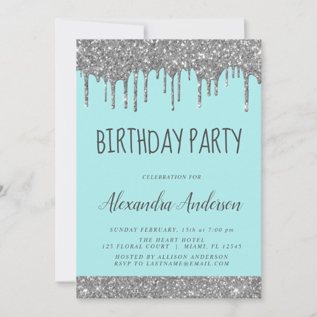 Invitation Argent Turquoise Bleu Étincelle Parties scintillan (Devant)