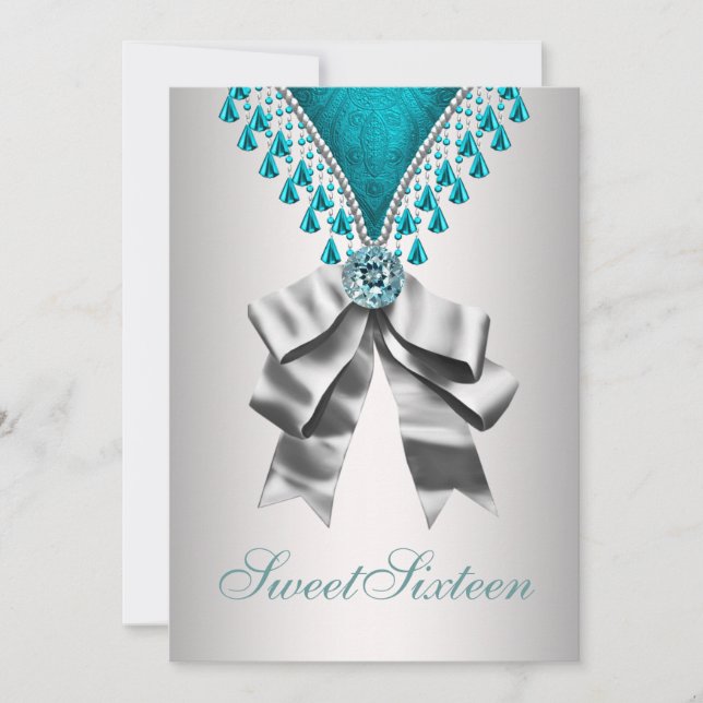 Invitation Argent Turquoise Bleu Sweet sixteen anniversaire I (Devant)