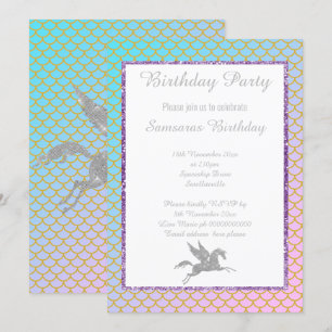 INVITATION ARGENT UNICORN PASTEL MERMAID MOTIF ANNIVERSAIRE
