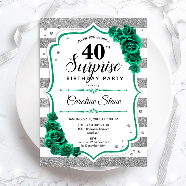 Invitation Argent vert blanc Surprise 40e anniversaire (Créateur téléchargé)