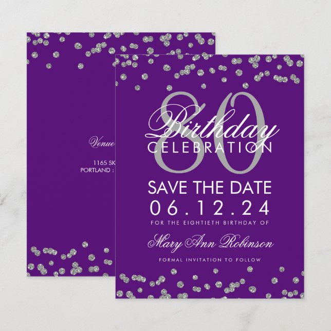 Invitation Argent violet 80e anniversaire Date de sauvegarde  (Devant / Derrière)