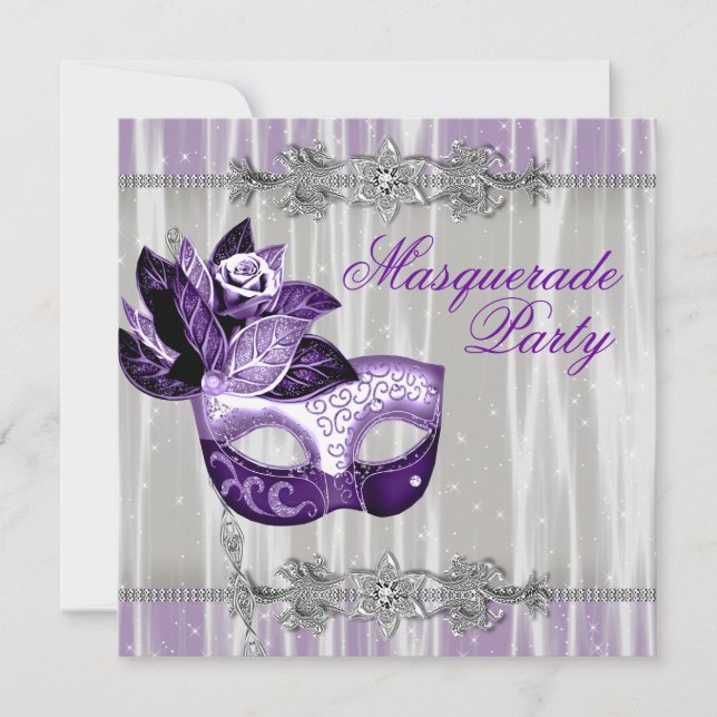 Invitation Argent Violet Étincelles Purple Masquerade Party (Devant)
