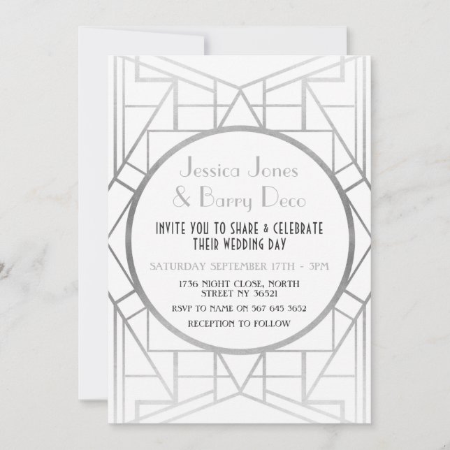 invitation argenté du mariage 20s de Gatsby d'art (Devant)