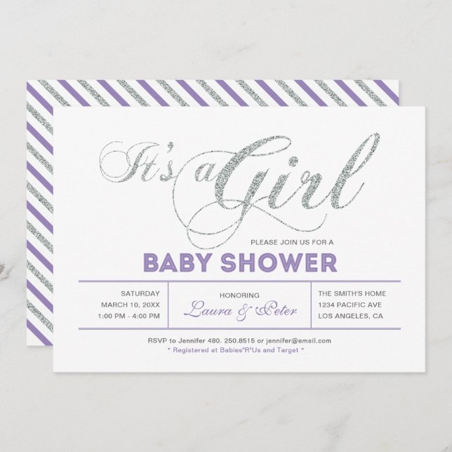Invitation Argentée | Fille, Baby shower de typographie moder (Devant / Derrière)