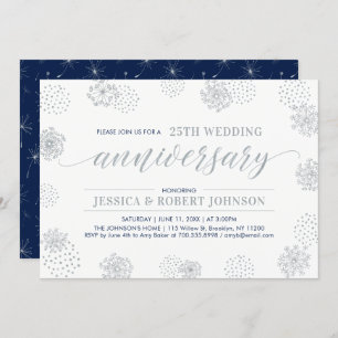 Invitation Argentée   Floral moderne 25e anniversaire Mariage