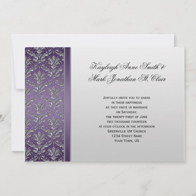 Invitation argentée pourpre vintage de mariage (Devant)