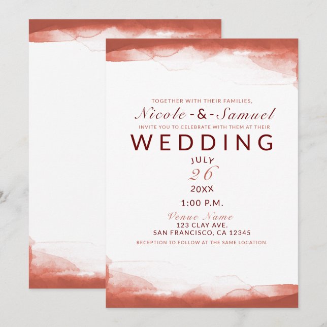 Invitation Argile rouille Brown Aquarelle Chic Mariage modern (Devant / Derrière)