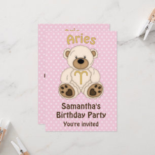 Invitation Aries White Bear sur la fête d'anniversaire rose