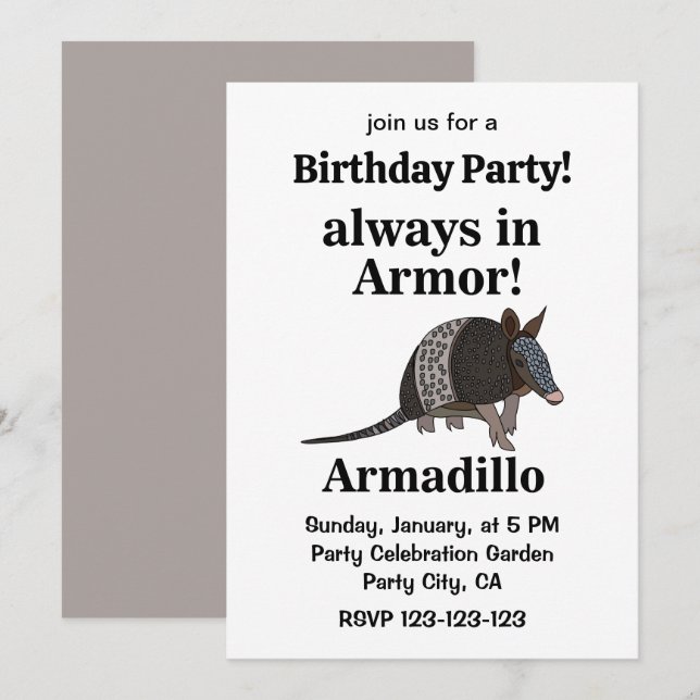 Invitation Armadillo Animal Funny Birthday Party (Devant / Derrière)