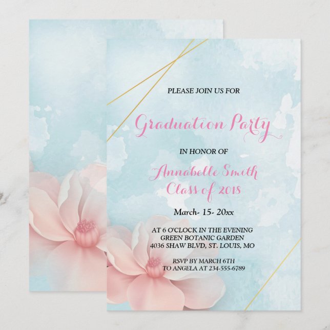 Invitation Armature rose floral or cadre bleu eau Graduation  (Devant / Derrière)