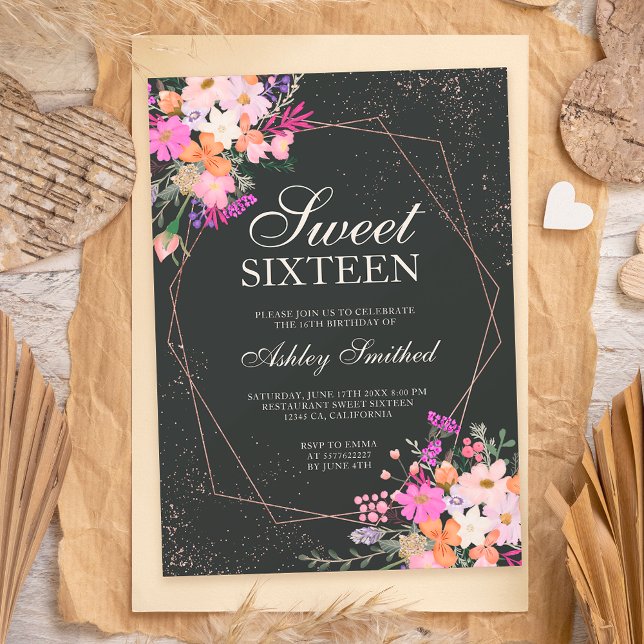 Invitation Armature rose or rose floral aquarelle Sweet 16 (Créateur téléchargé)
