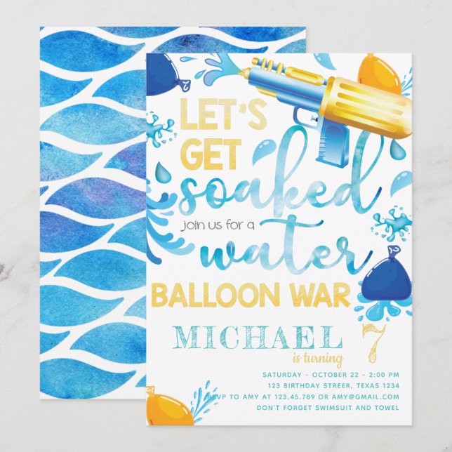 Invitation Arme à eau Ballons de guerre garçon fête d'anniver (Devant / Derrière)