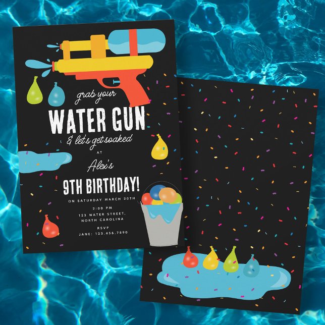 Invitation Arme à eau et ballons fête d'été (Water Gun & Balloons Summer Birthday Party Invitation)