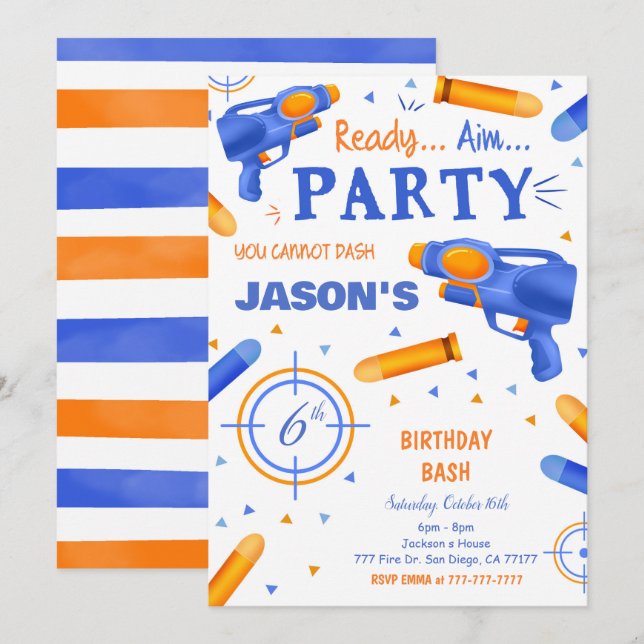 Invitation Arme à fléchettes bleu et orange (Devant / Derrière)