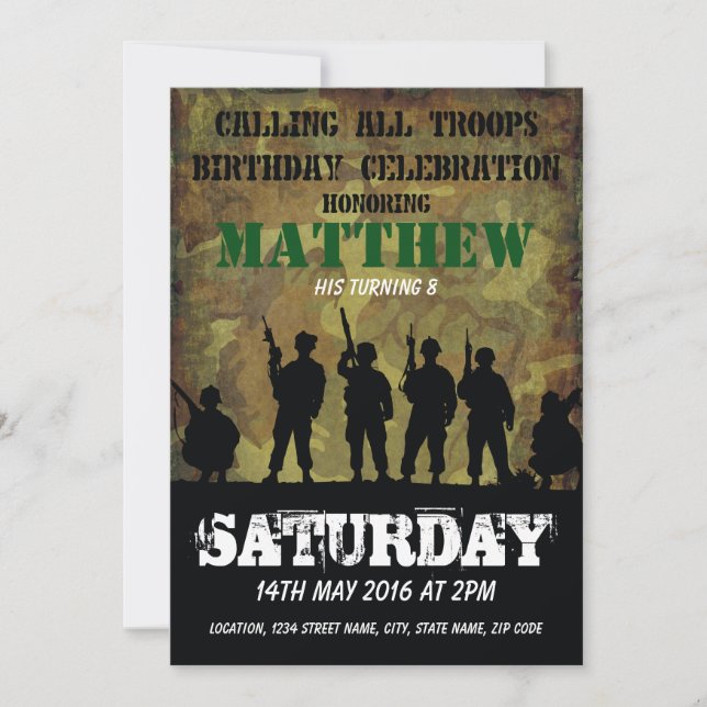 Invitation Armée Rustique Camouflage Soldats Anniversaire de  (Devant)